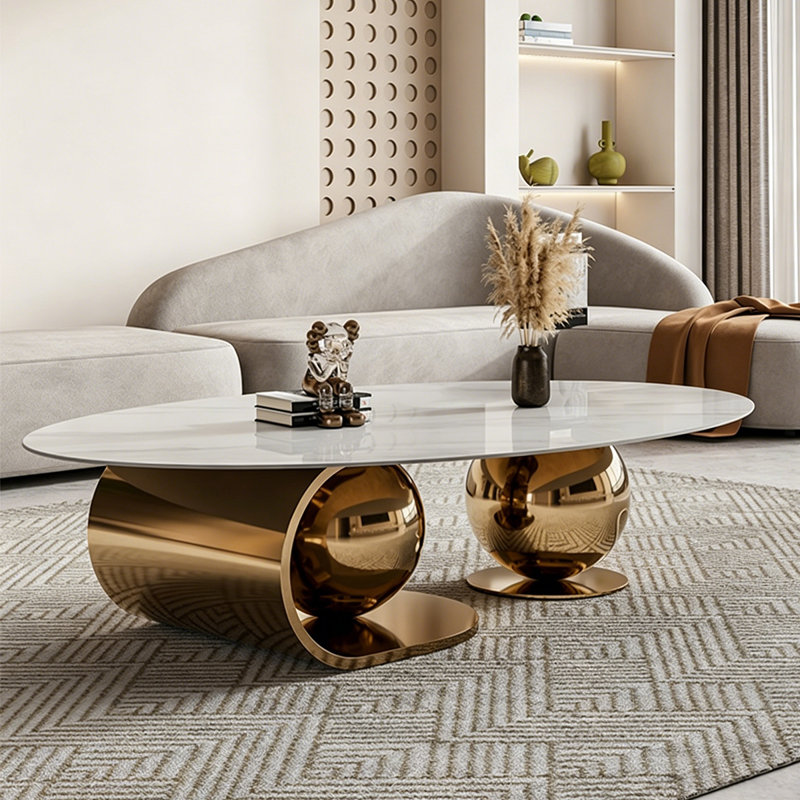 Table basse ovale en marbre Gold, H 14,17 po x l 55,12 po x P 27,56 po, Blanc / doré