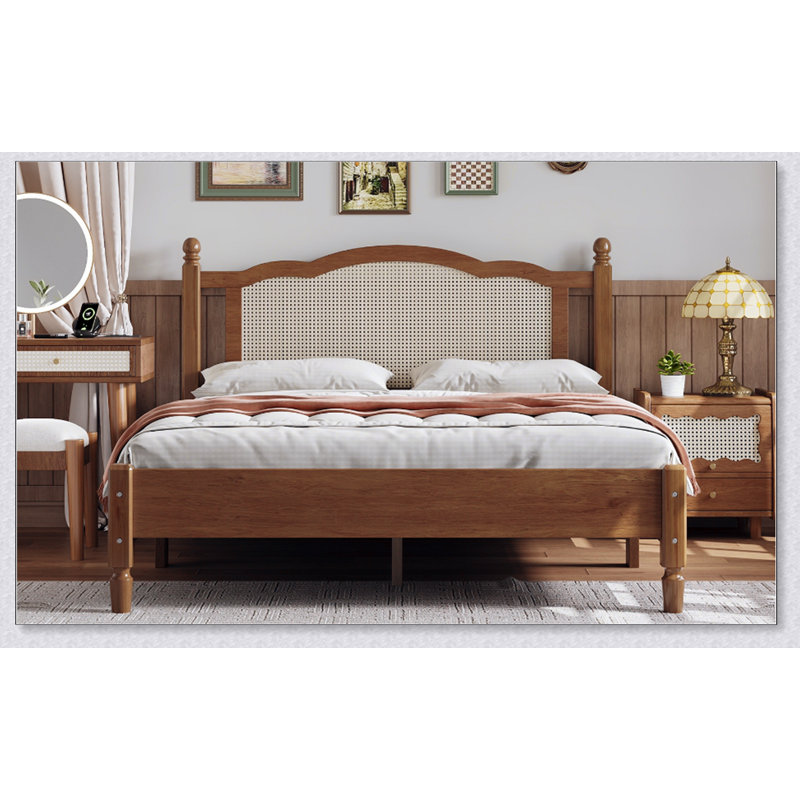 Grand lit plateforme en bois avec tête de lit en rotin naturel, cadre de lit rétro, Noyer