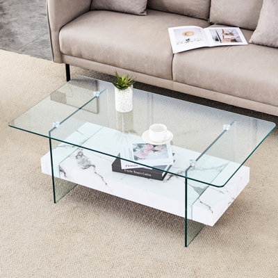 43.3-inch Fascinating Double-layer Coffee Table, Tempered Glass Tabletop And Legs, 250 Lbs Load, White Marble Look, Spacious Double Organization, 4 Finish Selections, Airy Floating Quick Assembly