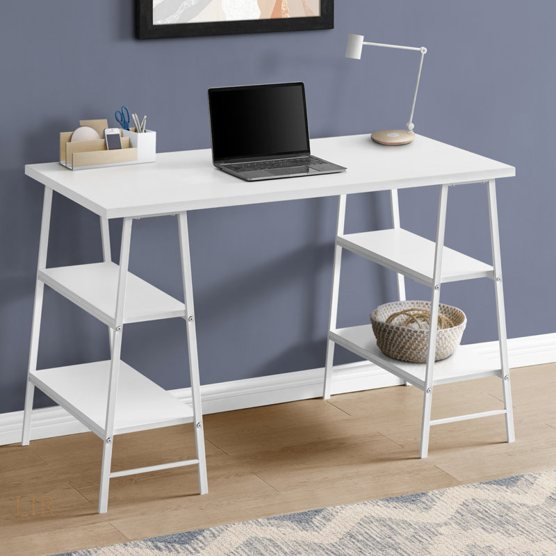 Modern Industrial Computer Desk With Storage Shelves, For Home Office And Small Workspaces, White Laminate And Metal