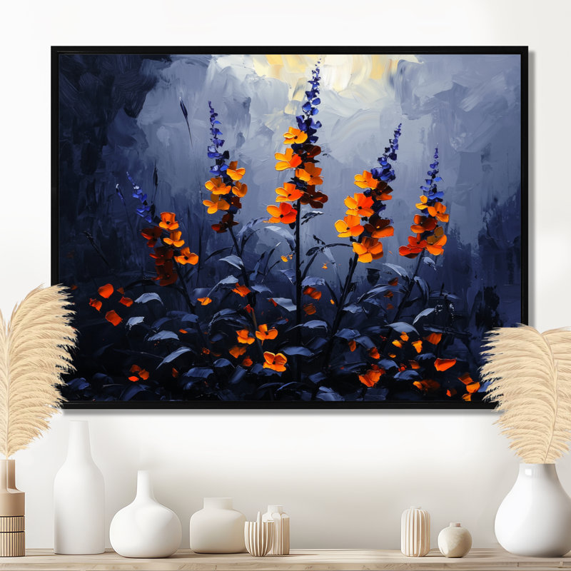«Night Forest Plants In The Dark I», art mural plantes, 16" H x 32" W, Cadre flottant noir