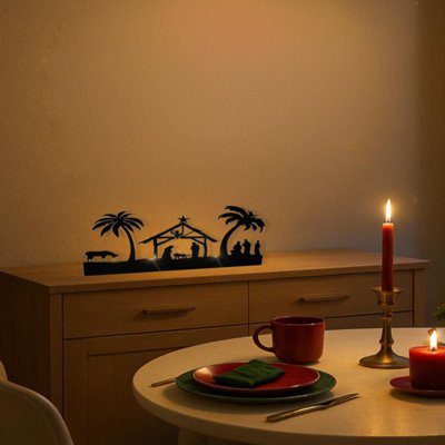 Ensemble de porte-bougies de crèche en fer noir avec palmiers