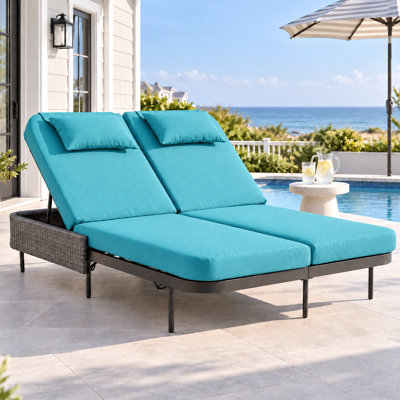 Lit de jour d'extérieur en osier pour 2 personnes, chaise longue de patio avec coussins et dossiers réglables à 6 positions