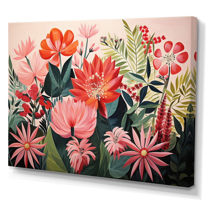 Motif floral rose de la jungle tropicale III - art mural floral, Toile tendue, H 16 po x l 32 po x P 1 po