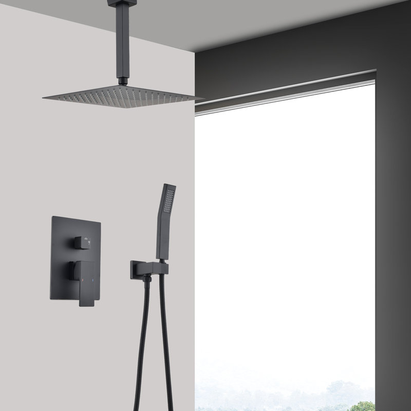 Ceiling Mounted Shower Kit In Matte Black - Handheld & 16" Head High With Flexible Hose Advantage -Proof Extra Long