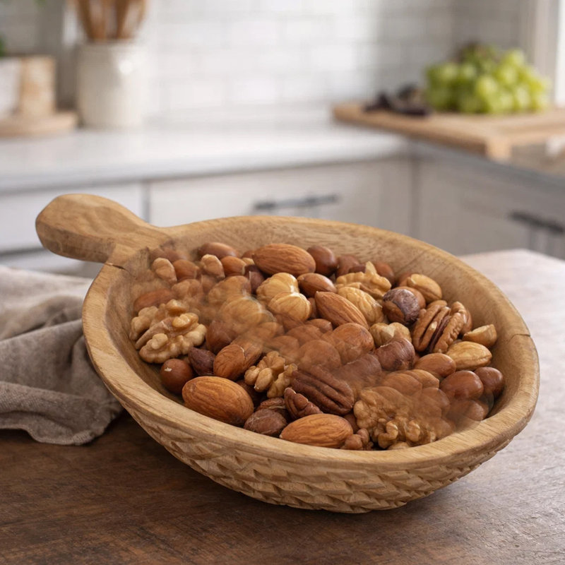 Bol décoratif avec poignée, bois de teck brun naturel 9 pouces Farmhouse