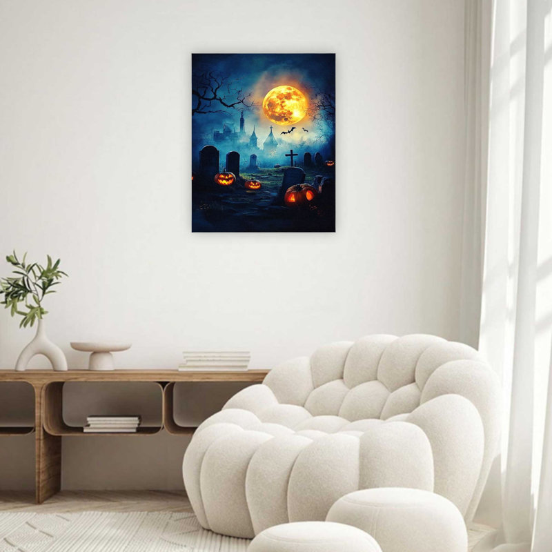 Impression sur toile de citation bleue gothique avec lanternes citrouilles incandescentes, art mural de qualité supérieure pour le salon, 32 x 24 po