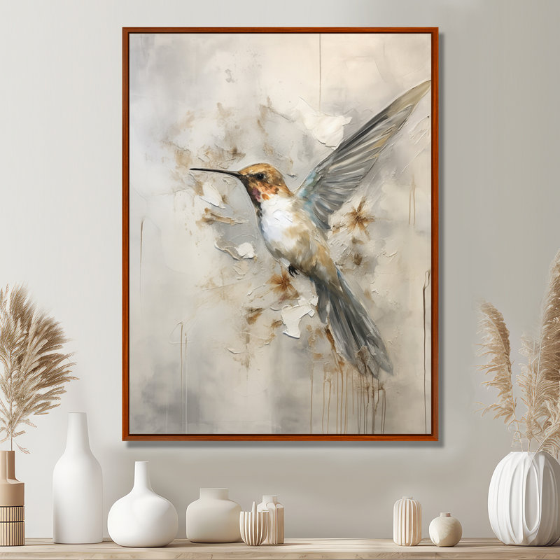 Colibri floral flottant II - Art mural colibri, H 20 po x l 12 po x P 1 po, Brown Floater Framed