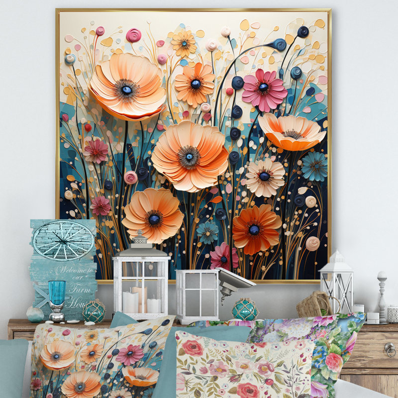 Motif abstrait pointillisme de fleurs sauvages sur toile, H 36 po x l 36 po x P 1,5 po, Cadre flottant doré