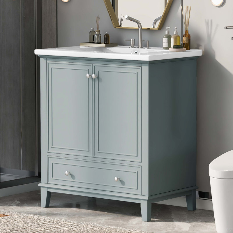 Meuble-lavabo 30 po avec lavabo, armoire de salle de bain multifonctionnelle avec portes et tiroir, structure solide et panneau de fibres à densité moyenne, vert