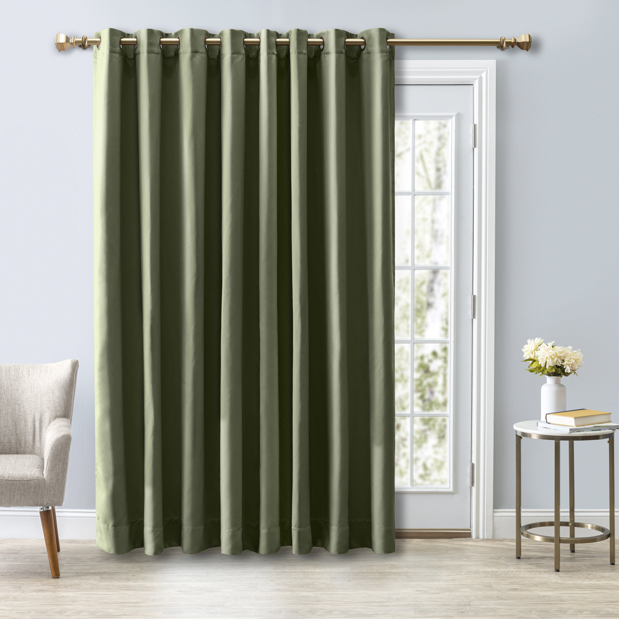 Ardelle Blackout Polyester Curtain, Sage with Antiqued Bronze Grommets, 112" W x 84" L