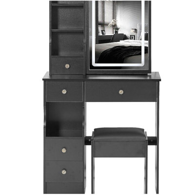 Petit meuble-lavabo de 29,2 po avec tiroir à gauche + tabouret rembourré, 2 blocs d'alimentation CA + 2 ports USB, support pour sèche-cheveux, très grand miroir à DEL coulissant à contrôle tactile, changement de luminosité tricolore, réglage de la luminosité
