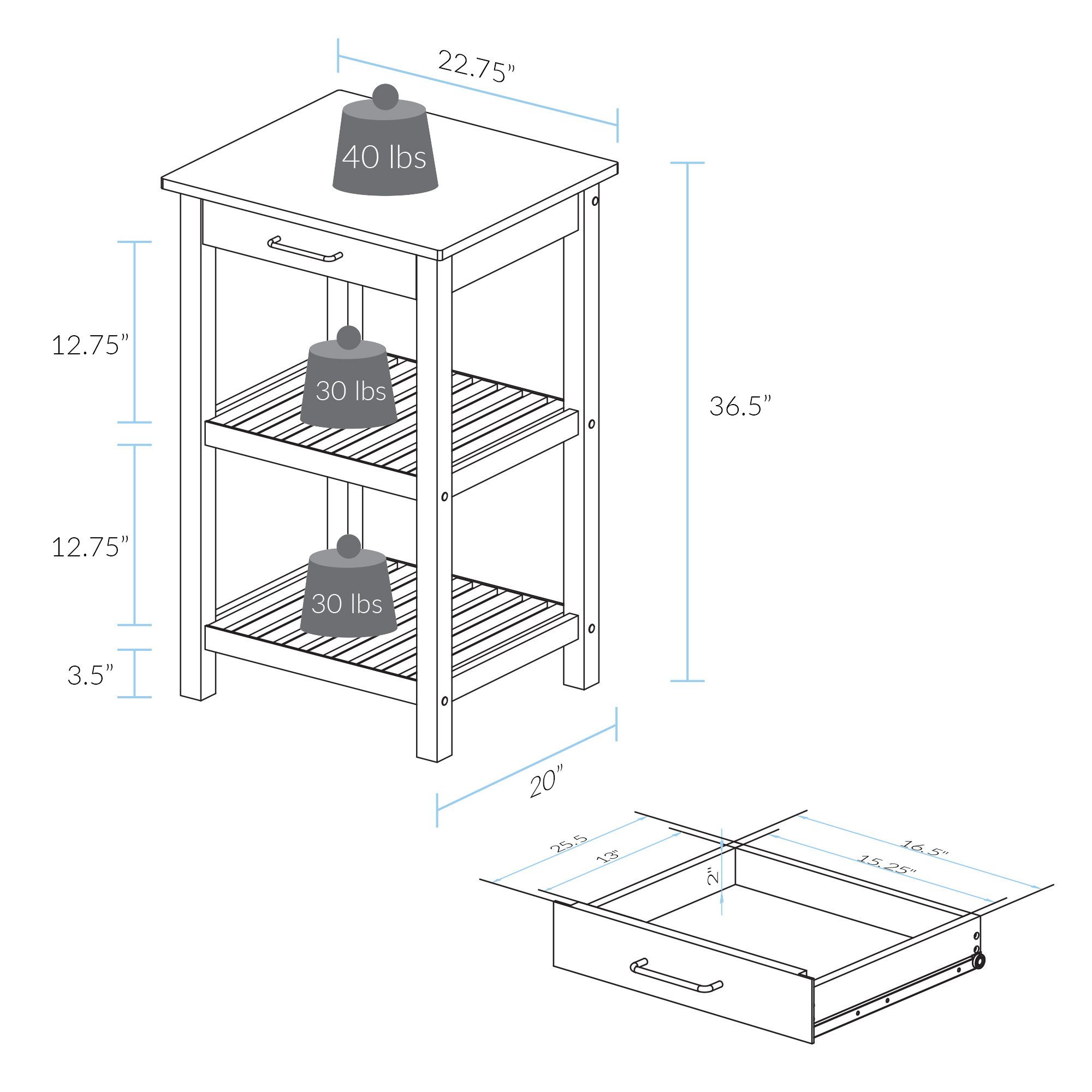 Herriott 40" Solid Wood Prep Table, White, 36.5"H x 23"W x 20"D