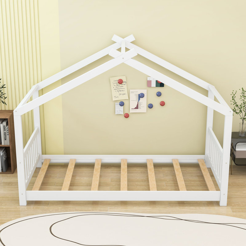 Twin Wood Platform Bed With House-Shaped Roof Design, White