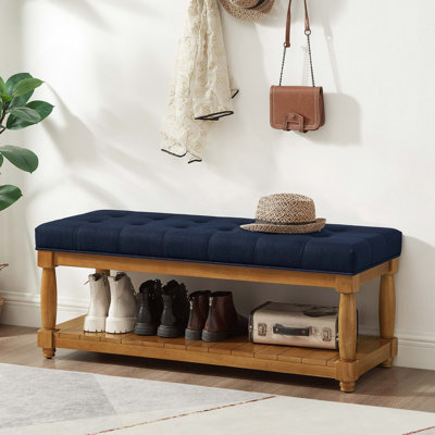Banc rembourré en lin avec tablette de rangement - Banc repose-pieds capitonné pour le salon du vestibule de la chambre à coucher, pieds décoratifs en bois massif