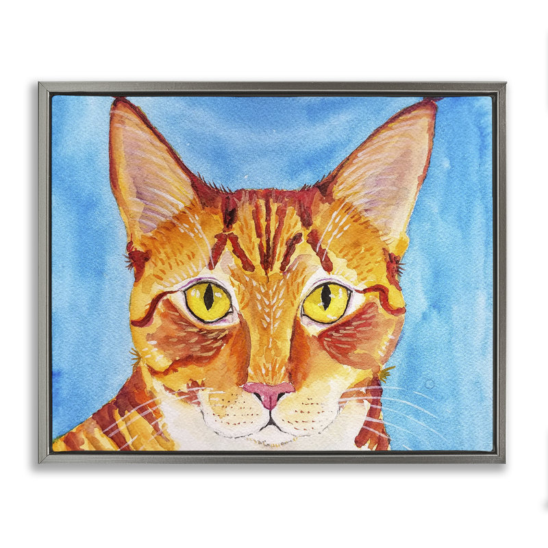 Chat audacieux sur cadre flottant bleu, conception par Tatiana Roberts, Cadre flottant gris lustré, H 17 po x l 21 po
