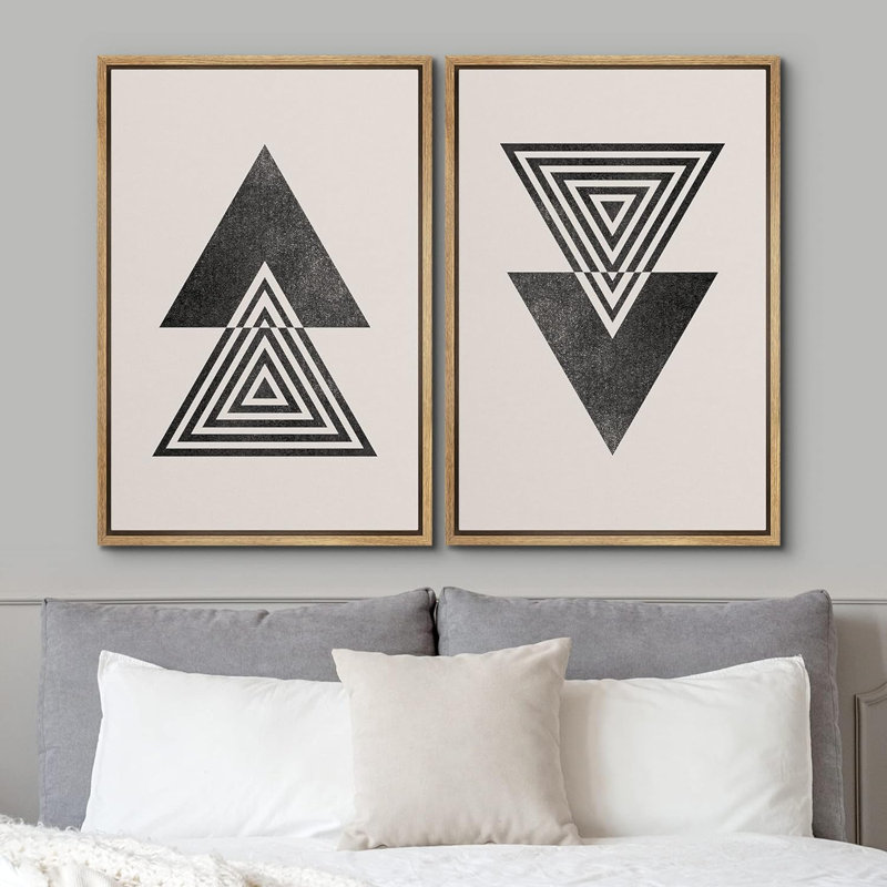 Mid-Century Spiral Triangle Polygon Variety Abstract Shapes Modern Minimalist, 36" H x 48" W x 1.5" D, Natural Floater Framed