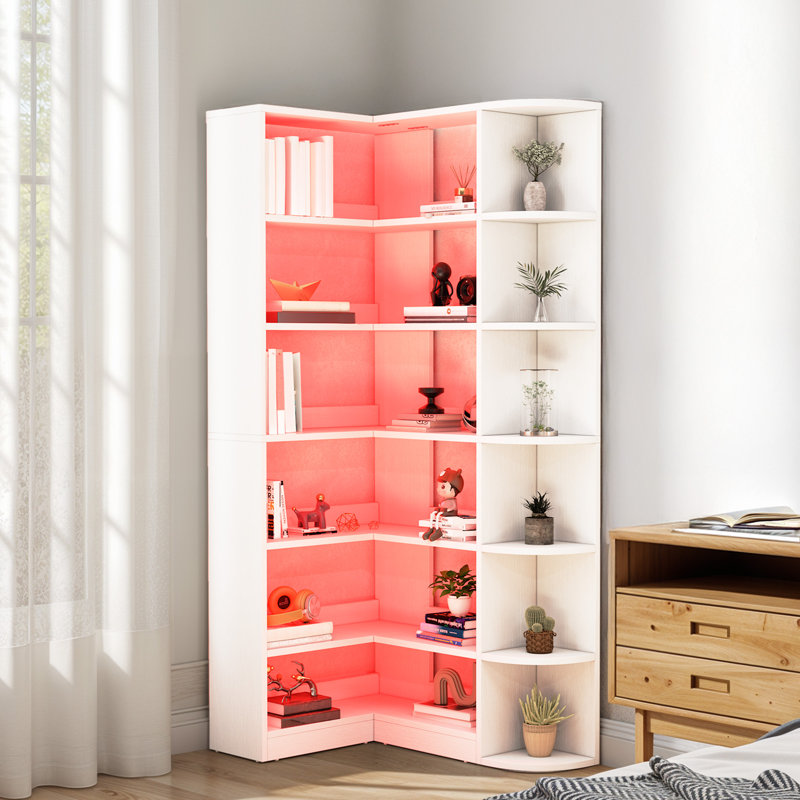 Illuminated 6 Tier L-Shaped Storage Corner Bookcase with LED Lighting, White