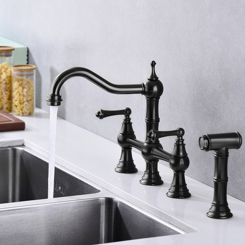 Matte Black Pull-Out Side Spray Kitchen Faucet, Bridge Dual Handles, Brass, Corrosion, Leak-, 360-Degree Rotating Congruent Nozzle Faucet With Handles And Spray, Leak, Circulating