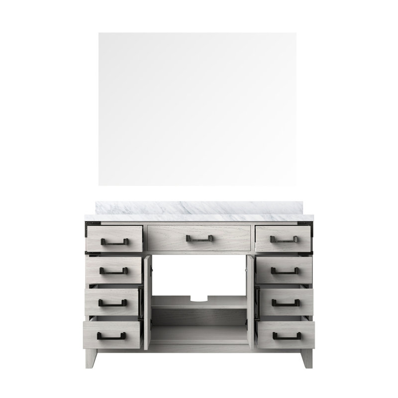 Meuble-lavabo simple en chêne blanc l 48 po x P 22 po, comptoir en marbre de Carrare et miroir de 46 po