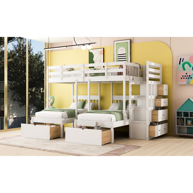 Lit double au-dessus de simple et superposé, blanc, bois de pin, garde-corps pour la sécurité, tiroirs de rangement, marchepieds gauche / droite, idéal pour une utilisation en famille
