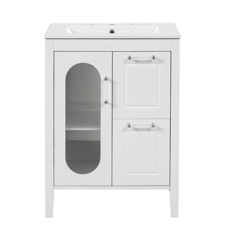 Meuble-lavabo de 24 po avec lavabo en céramique lisse, deux tiroirs, porte d'armoire, tablette réglable, bois d'hévéa massif, verre, blanc, autoportant, finition peinte à poser, forme rectangulaire, simple