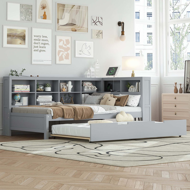 Daybed With Trundle And USB Charging Ports, Gray, Twin