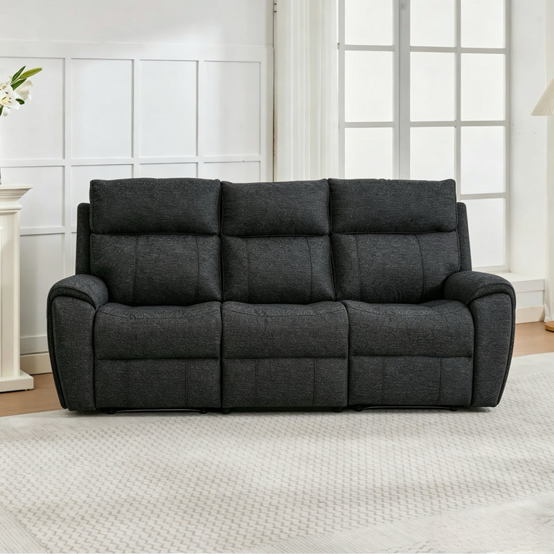 Canapé inclinable en tissu pour 3 personnes avec rangement, porte-gobelet et haut-parleur Bluetooth, Black Fabric