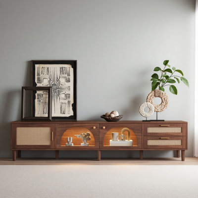 Meuble télé 86 po pour téléviseur de 90 po ou moins, centre de divertissement avec lumières DEL contrôlées par une application, 2 tiroirs et rangement pour porte en verre