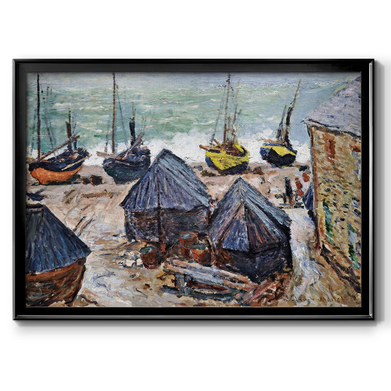 Bateaux sur la plage à Etretat, reproduction d'art sur toile, H 14 po x l 20 po x P 1,5 po, Noir