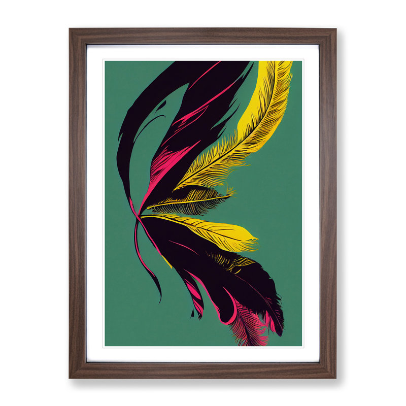 Colourful Feather No.4 - Wall Art, 66cm H x 48cm W x 2cm D, Walnut Framed, White