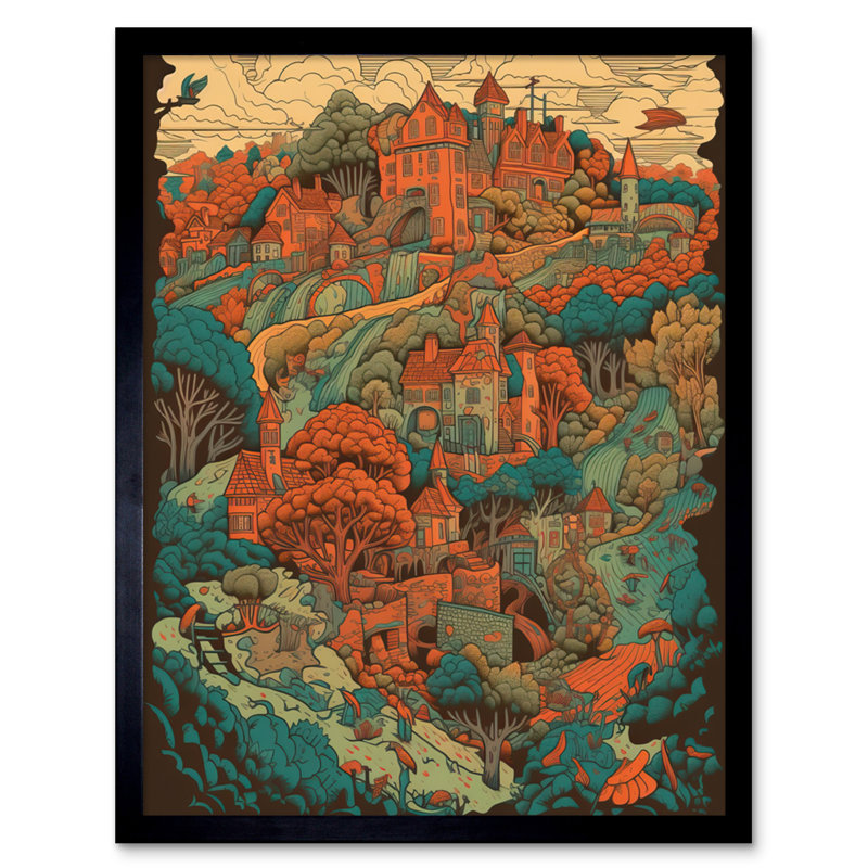 Aaliyanna Village In Forest Coral And Teal Blue Illustration - Single Picture Frame Print