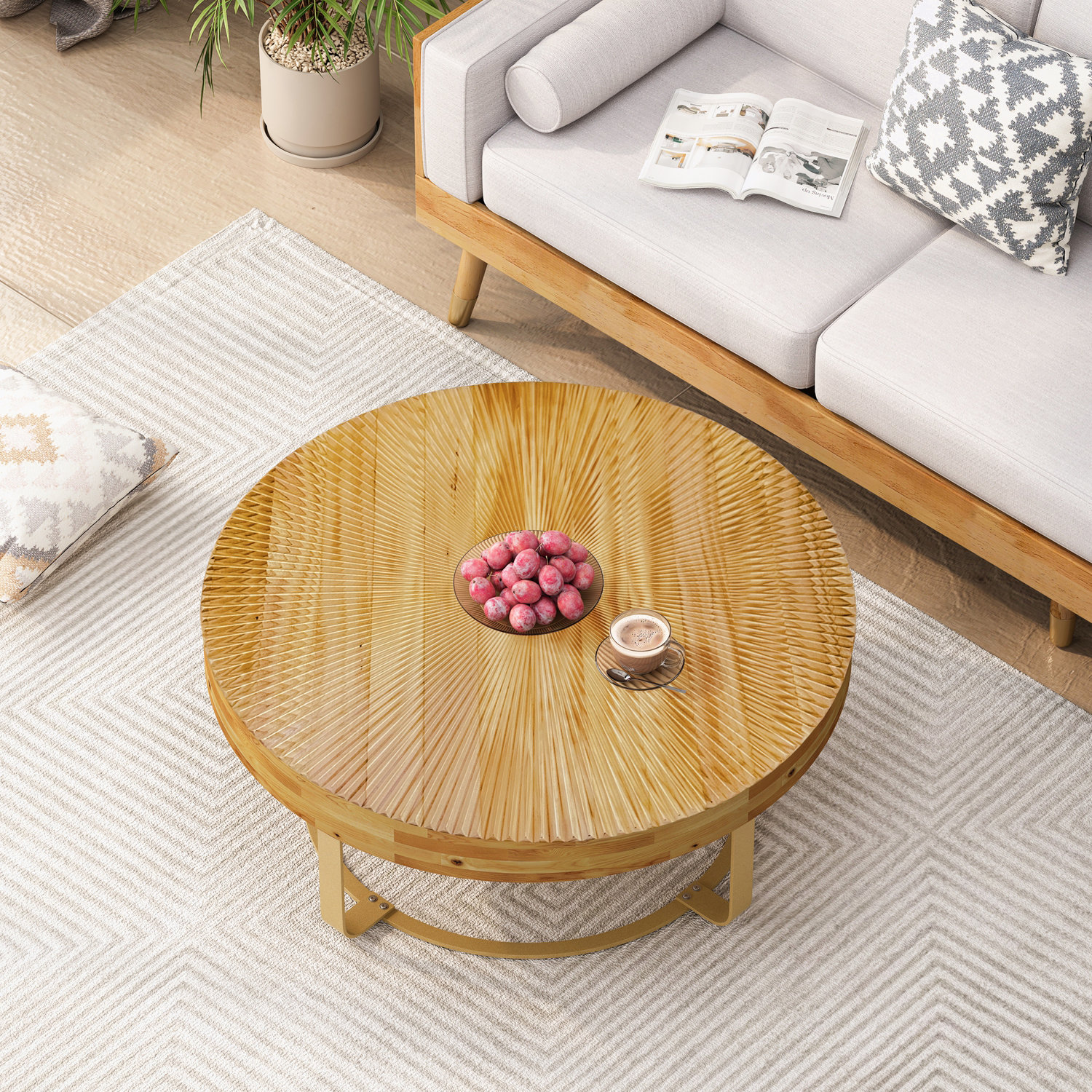 Mercer41 Round Wooden carving pattern coffee table with metal base ...