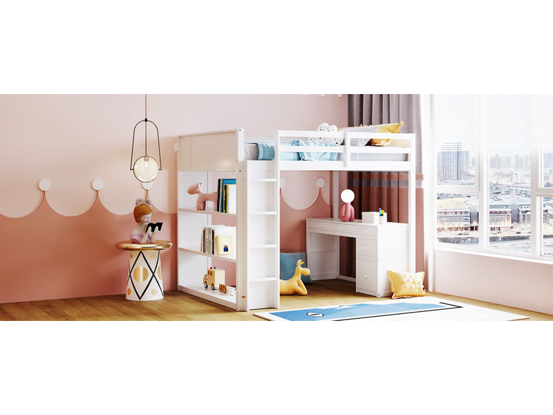 Lit mezzanine avec échelle, tablettes et bureau