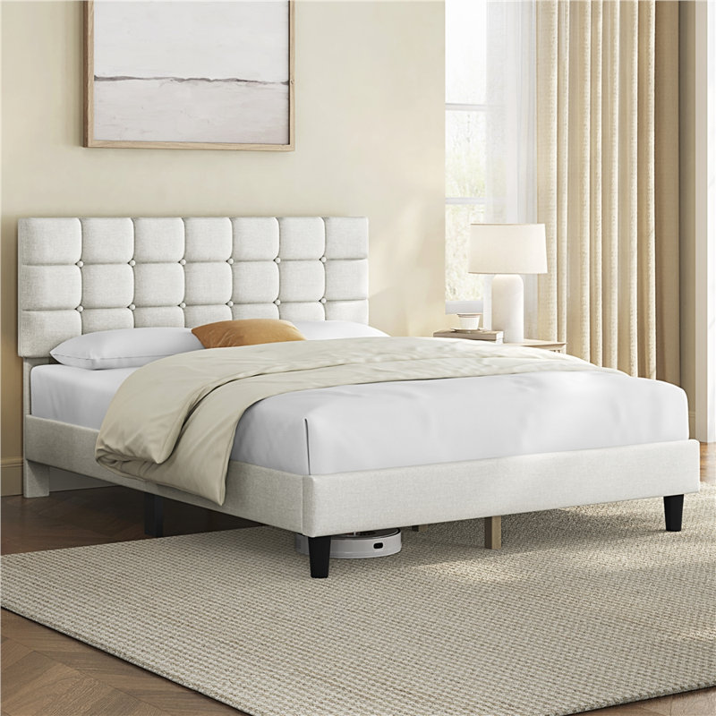 Lit plateforme tapissier Contemporary, Queen, Beige