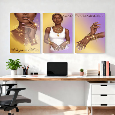 Elegant Flow Gold Purple Gradient Canvas Wrapped Wall Art Set Of 3 For Living Room Bedroom Decor