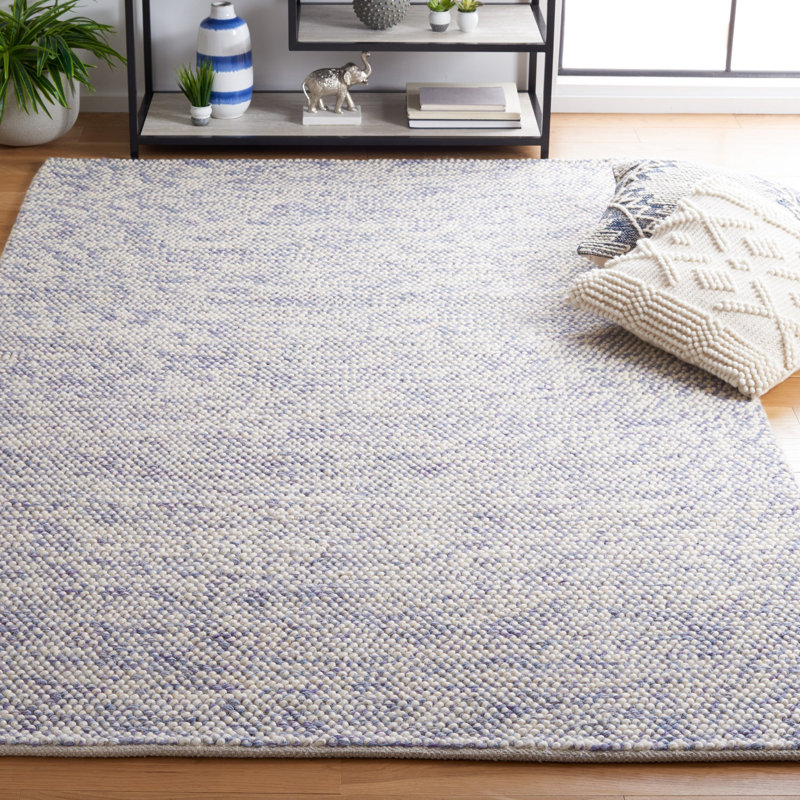 Tapis bleu / ivoire à motif géométrique fabriqué à la main Almus, Rectangle 8 pi x 10 pi