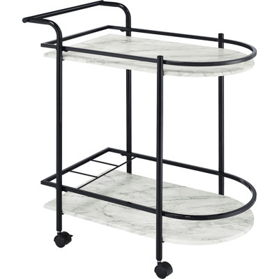 Chariot de service moderne en faux marbre noir avec 2 tablettes et 3 tablettes à boissons