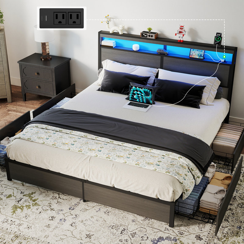 King Size Bed Frame with 4 Storage Drawers and LED Lights,Metal Platform Bed with Charging Station and 2-Tier Headboard,No Box Spring Needed