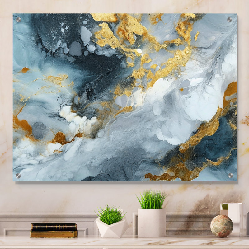Encre liquide grise et dorée, art mural II - fractales, art mural acrylique, H 12 po x l 20 po