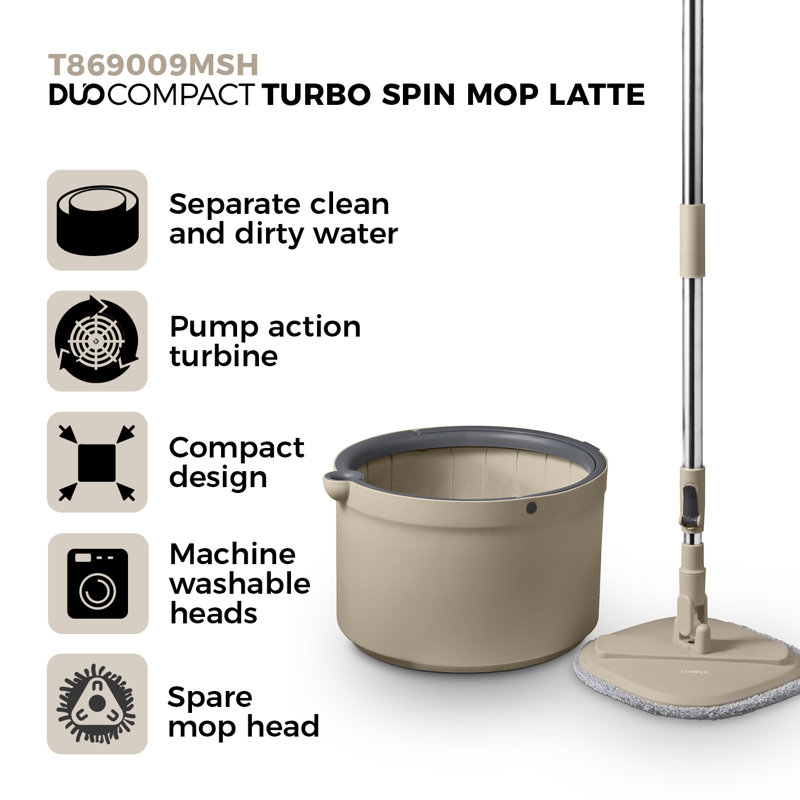 Tower Duo Compact Spin Mop & Bucket, Clean & Dirty Water Separation, Effortless 360° Wringing, 2 Reusable Microfibre Mop Pads, Latte & Grey