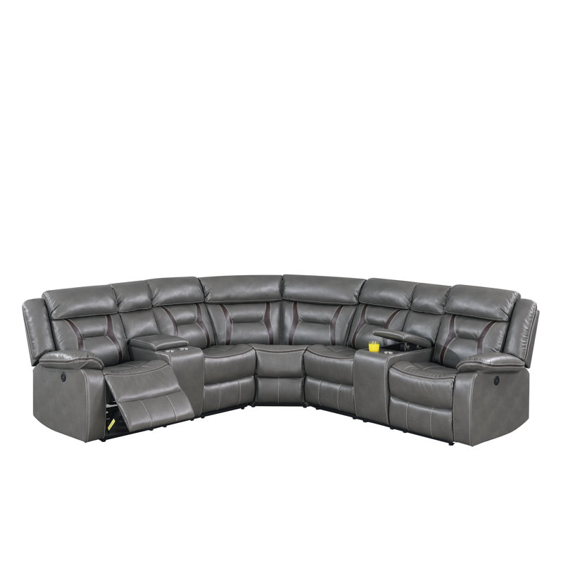 Mancheer Faux Leather Reclining L-Shaped Sectional Symmetrical, Gray Faux Leather