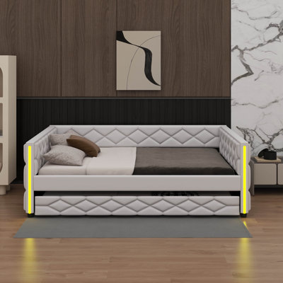 Lit de jour rembourré avec lit gigogne et lumières DEL, canapé-lit avec dossier pour chambre d'amis, salon