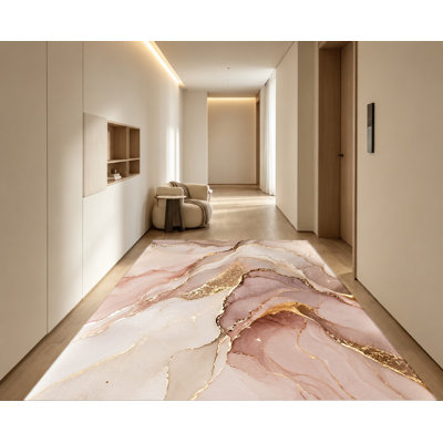 Tapis antidérapant en velours, motif abstrait marbré rose et or, tapis décoratif, décoration intérieure artistique pour salon, chambre, entrée, cuisine, balcon, appartement
