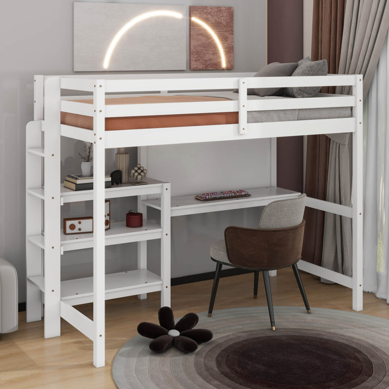 Lit mezzanine en bois avec tablettes, bureau et tableau d'écriture, Simple, Blanc