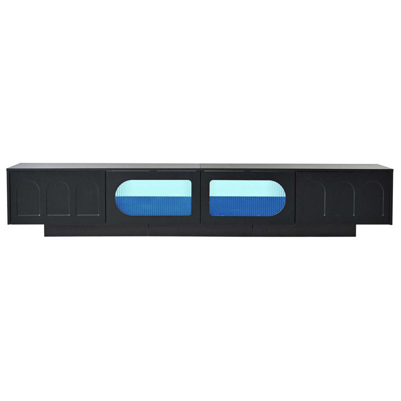 TV Stand with Fluted tempered Glass Doors for TVs Up to 95'', Functional Media Console with Arched Cabinet Doors, Entertainment Center with APP-Controlled LED Light