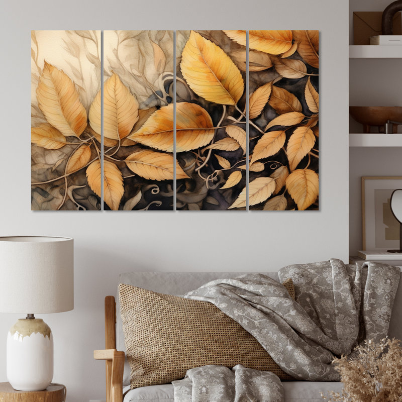 «Brown Beige Leafs Harmony II», ensemble de reproductions d'art florales en métal
