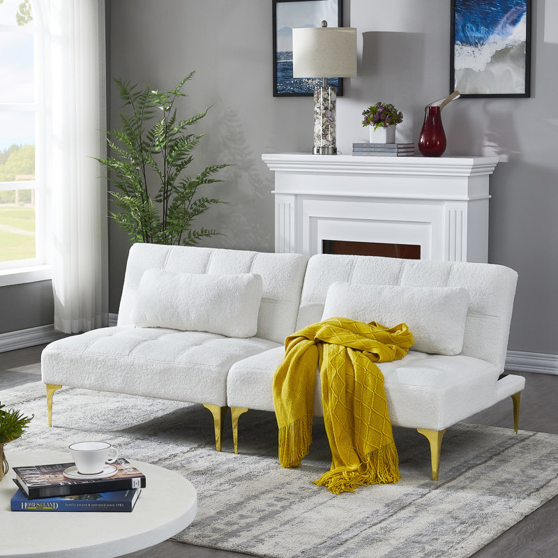 Lit futon convertible avec pattes en métal doré, moelleuses et agréables en tissu - pour les petits espaces, facile à assembler, expérience confortable dans des espaces polyvalents, trois réglages, un assemblage,