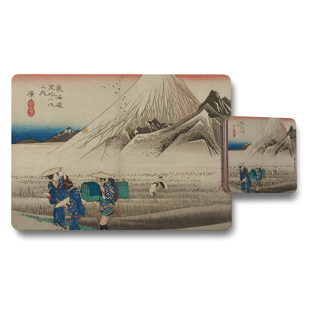 Mount Fuji Ukiyoe Placemats And Coaster Set With Travelers