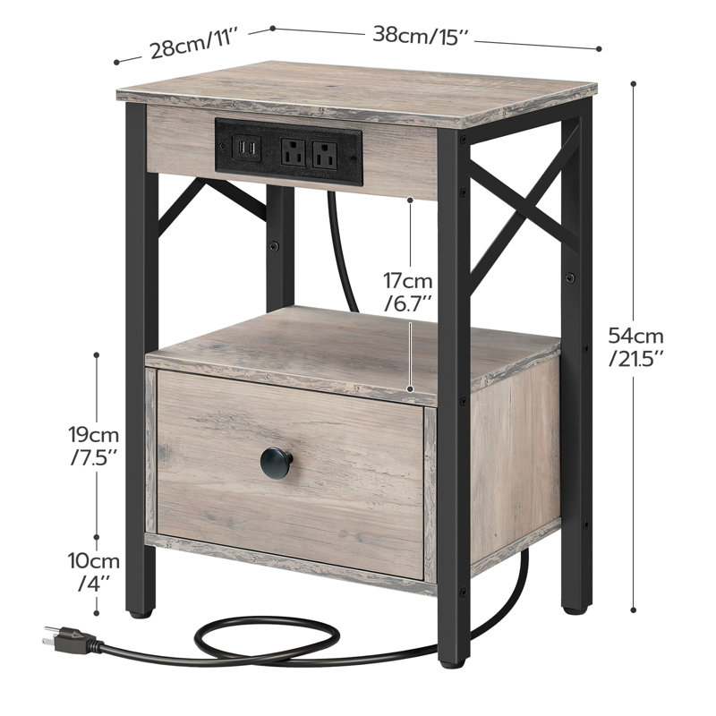 Table de chevet avec prises intégrées Rickett, Gris / noir